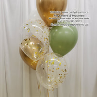 Sage Green & Chrome Gold Mix ~ 7 Standard & Confetti Latex Balloon Bouquet #CF14